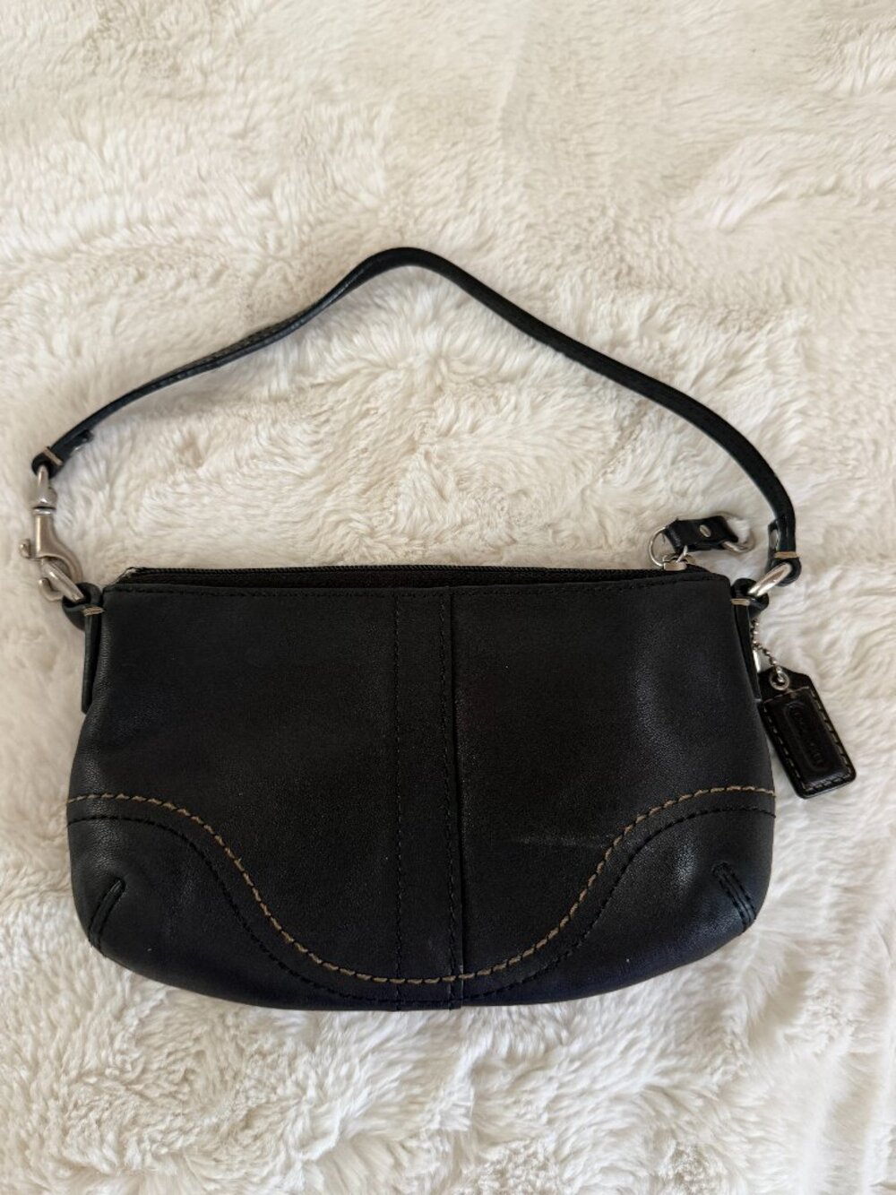 Coach Black Leather Wristlet Clutch with Contrast Stitching